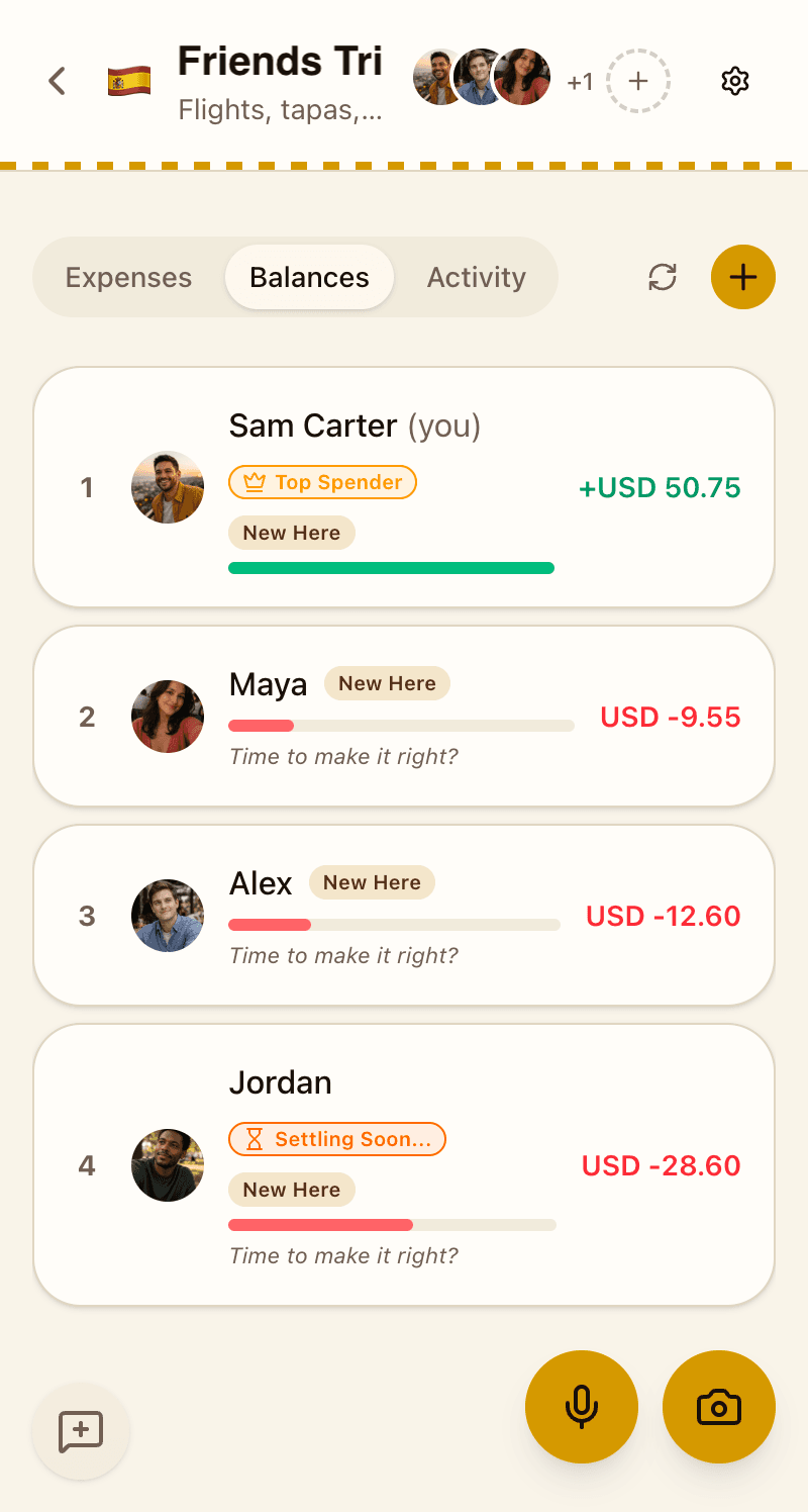 Group balances screen showing each member's balance with status badges