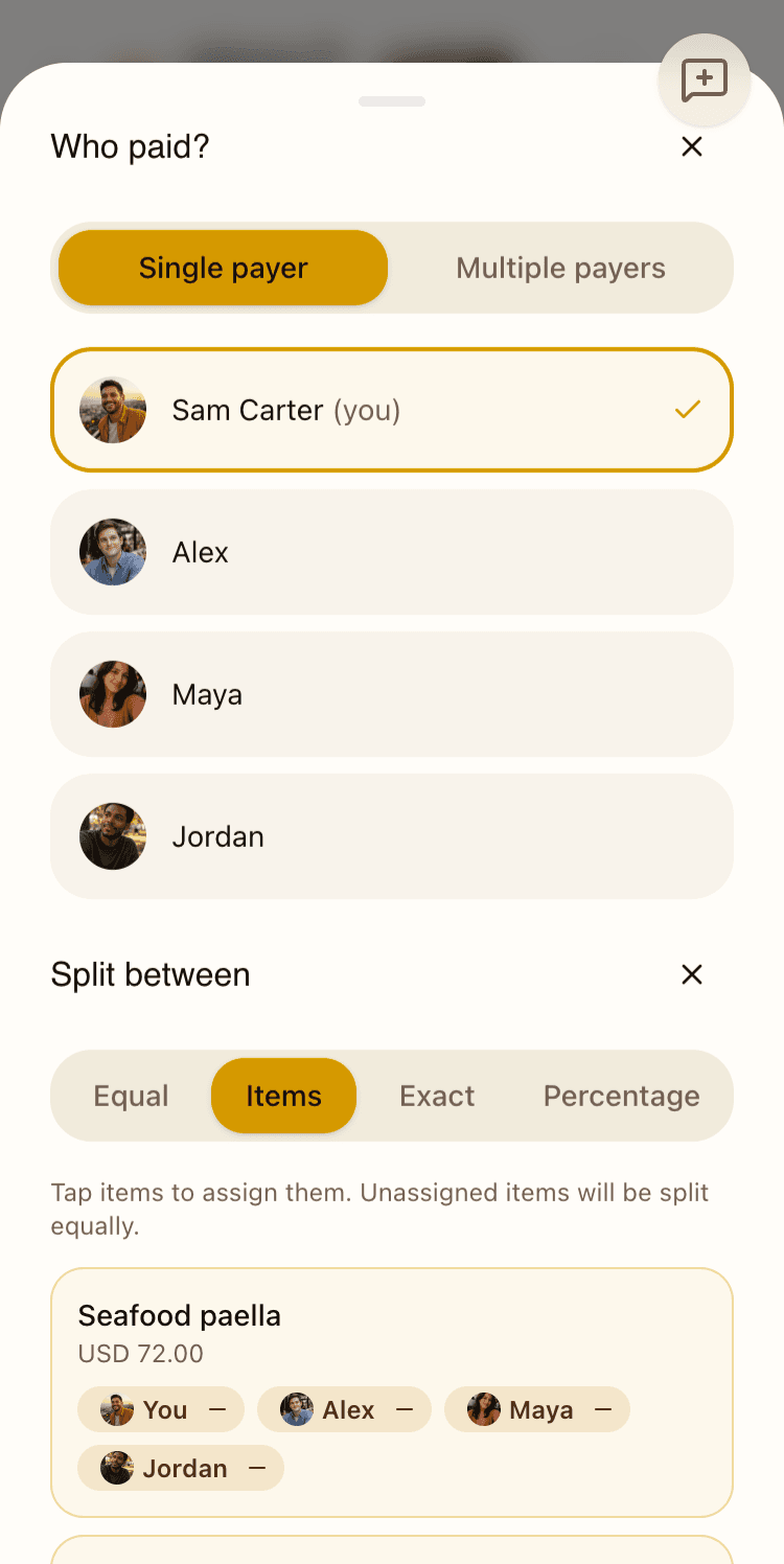 Itemized split screen where individual items are assigned to specific group members